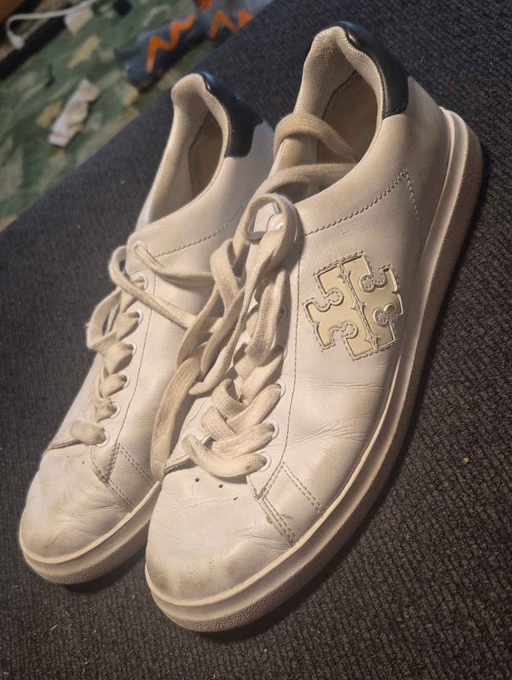 Tory Burch Cream Leather Logo Lace-Up Sneakers with Black Heel Tab